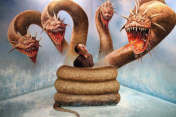 Man and Three Headed Monster Snake Optical Illusion