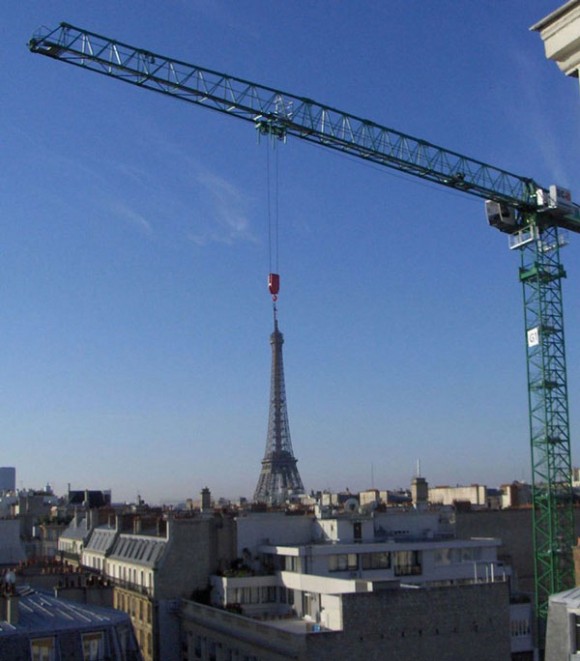 Eiffel Tower Getting Moved By Crane Optical Illusion