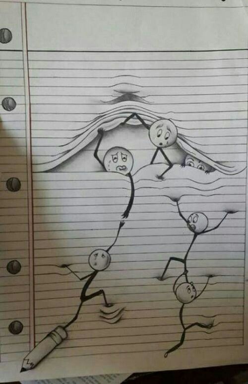 Escaping People Lined Paper Drawing Illusion